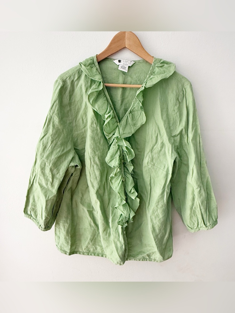 Vintage Women 100% Linen Button Down Ruffle Top Size 1X Romantic Y2K Green